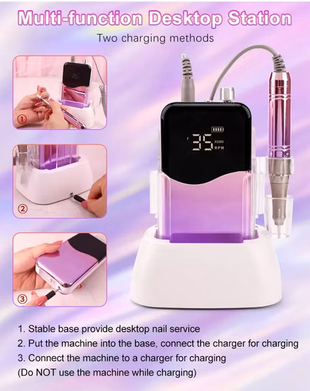Rechargeable Nail Art 35000rpm Portable Manucure Pédicure Mini Polisseuse À Ongles Électrique Forte Puissance Sans Fil 7 Tête Nail Drill Machine